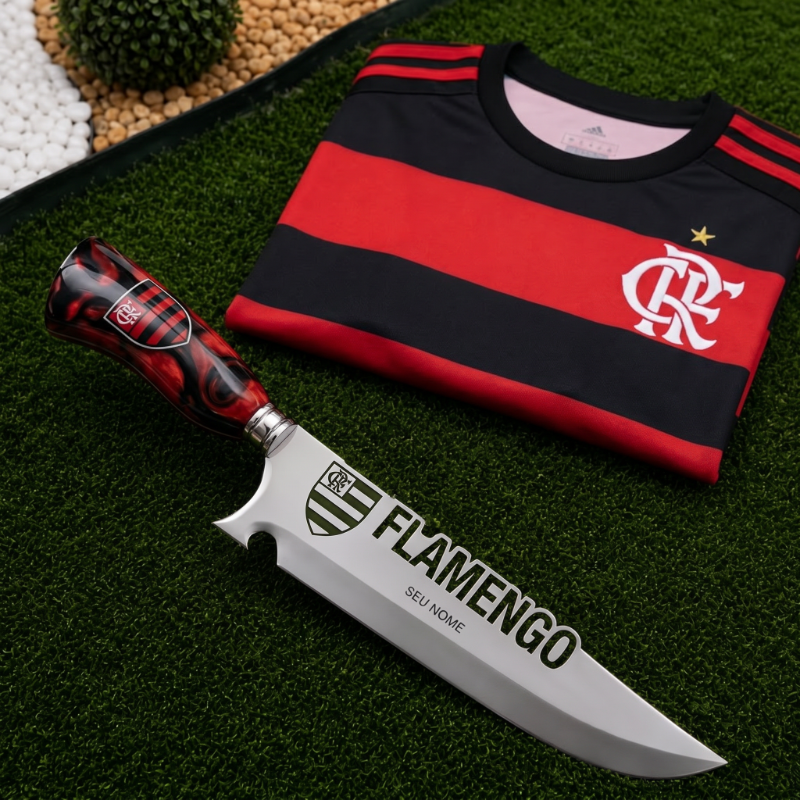 Faca Personalizada Flamengo com Cabo Premium Resinada + Gravação de Nome + Capa de Couro Exclusiva Brinde