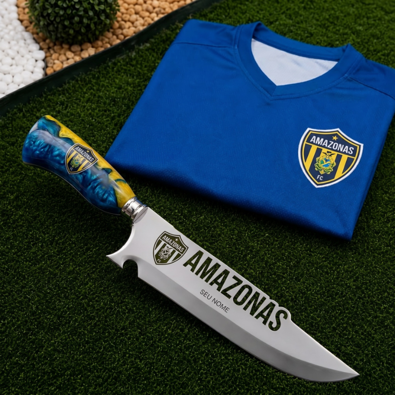 Faca Personalizada Amazonas com Cabo Premium Resinada + Gravação de Nome + Capa de Couro Exclusiva Brinde