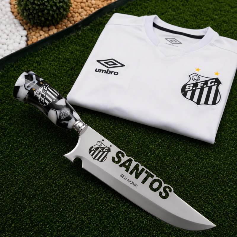Faca Personalizada Santos com Cabo Premium Resinada + Gravação de Nome + Capa de Couro Exclusiva Brinde