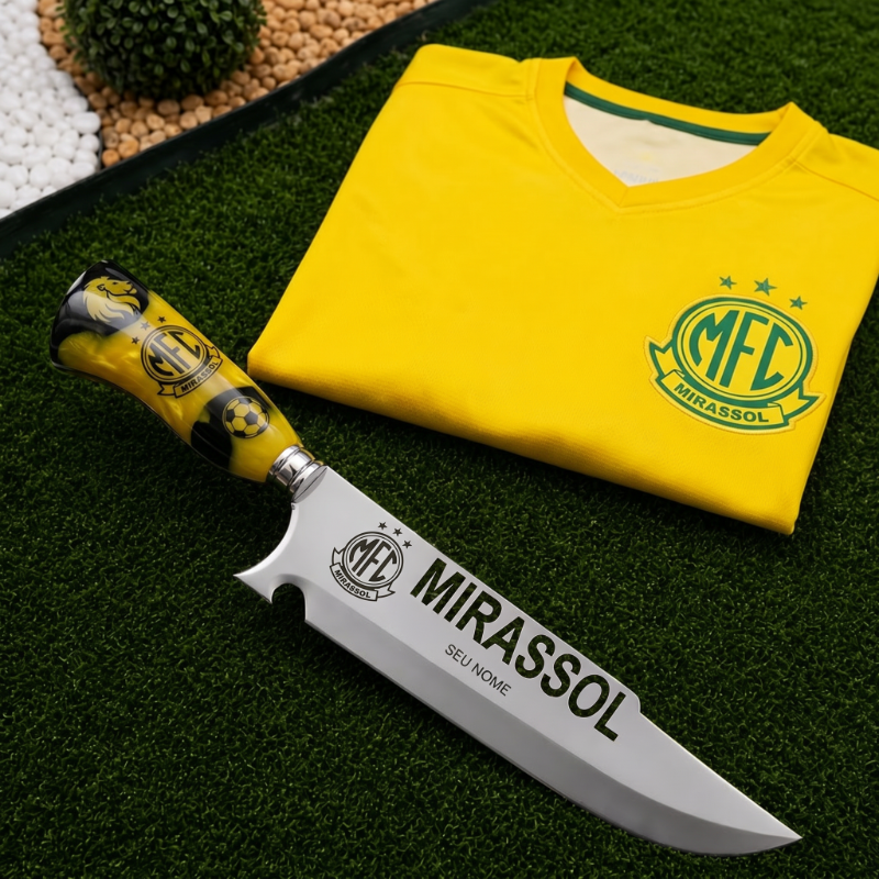 Faca Personalizada Mirassol com Cabo Premium Resinada + Gravação de Nome + Capa de Couro Exclusiva Brinde
