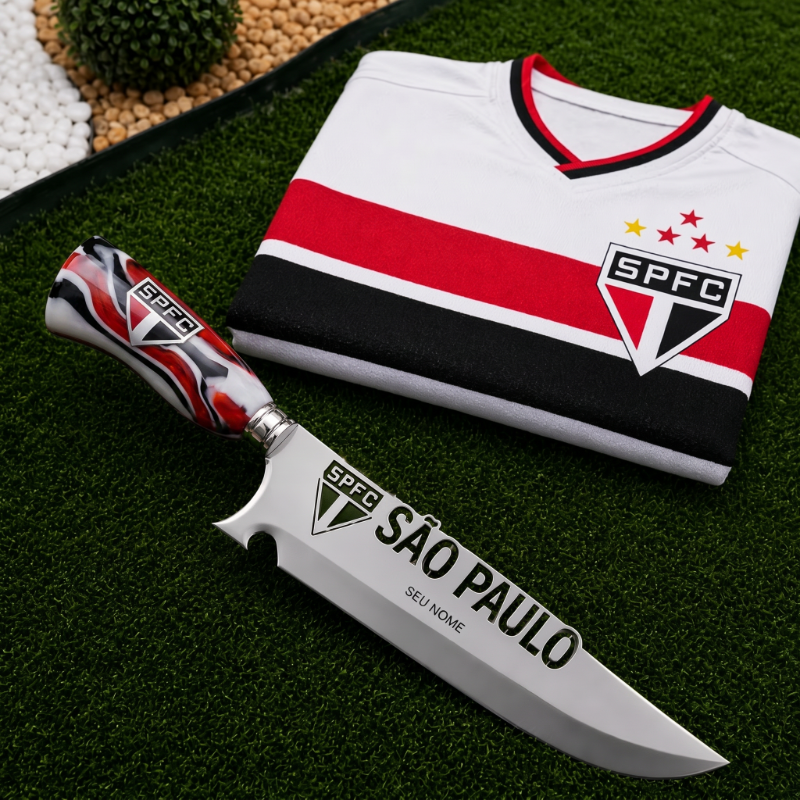 Faca Personalizada São Paulo com Cabo Premium Resinada + Gravação de Nome + Capa de Couro Exclusiva Brinde
