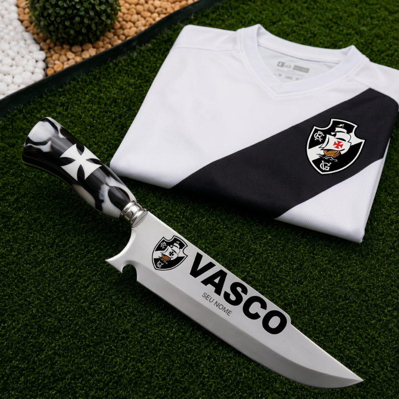 Faca Personalizada Vasco com Cabo Premium Resinada + Gravação de Nome + Capa de Couro Exclusiva Brinde