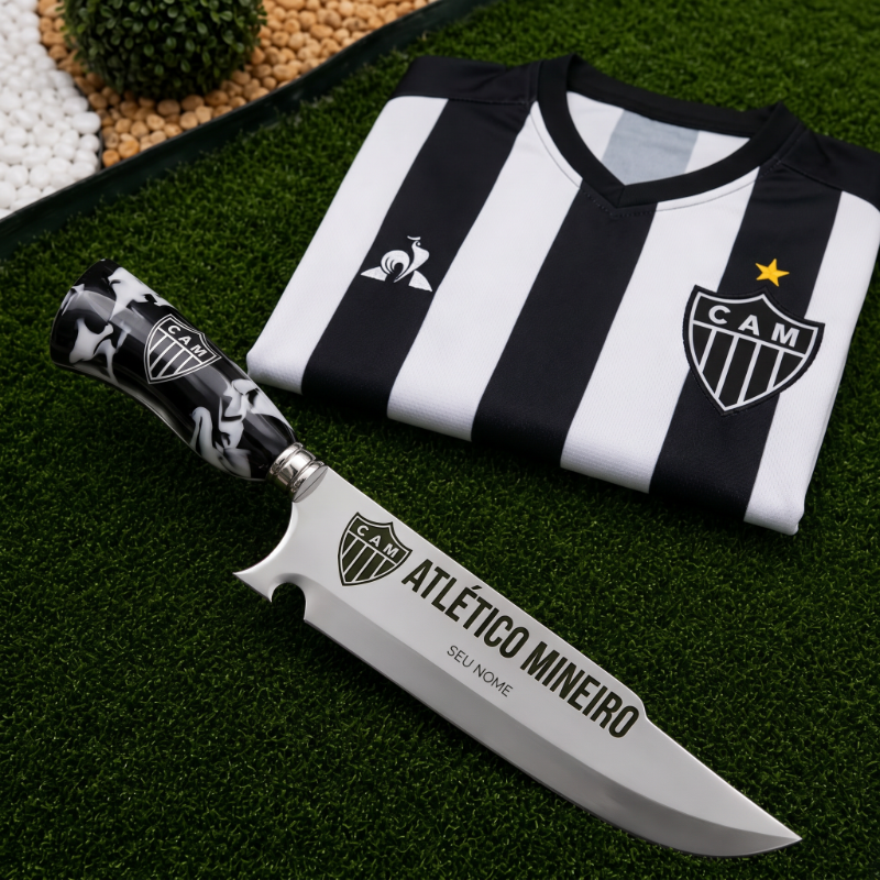 Faca Personalizada Atlético Mineiro com Cabo Premium Resinada + Gravação de Nome + Capa de Couro Exclusiva Brinde