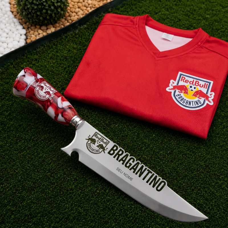 Faca Personalizada Red Bull Bragantino com Cabo Premium Resinada + Gravação de Nome + Capa de Couro Exclusiva Brinde