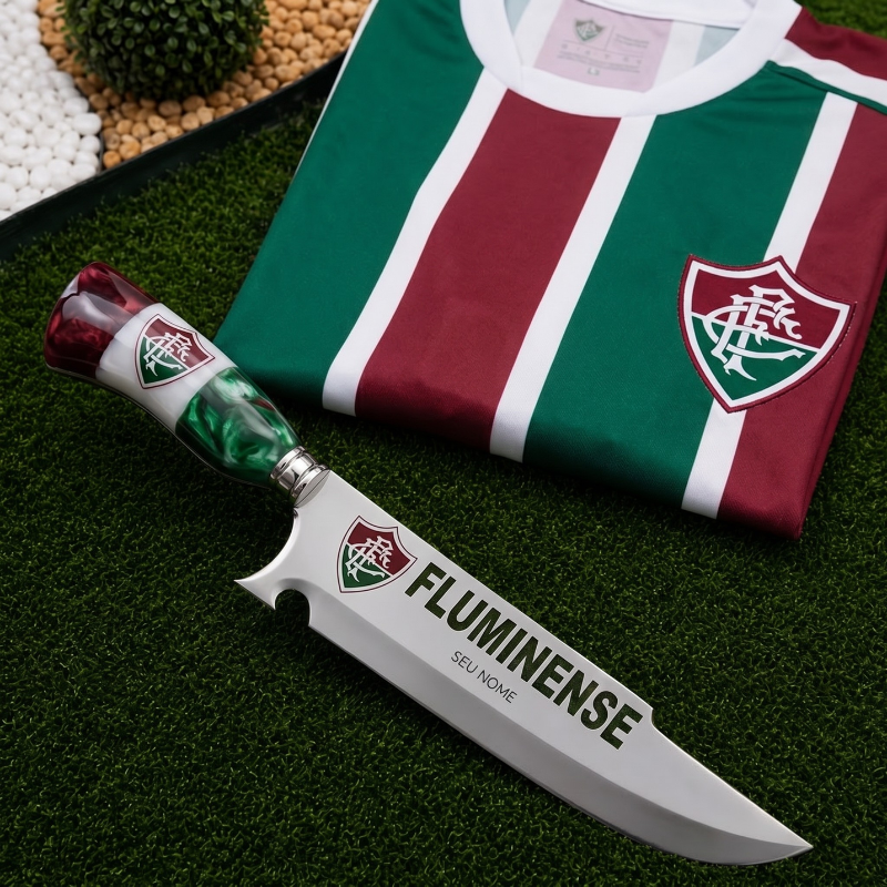 Faca Personalizada Fluminense com Cabo Premium Resinada + Gravação de Nome + Capa de Couro Exclusiva Brinde