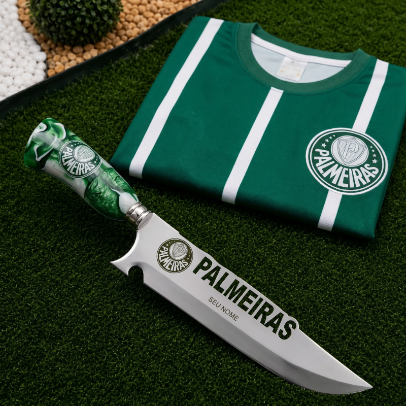 Faca Personalizada Palmeiras com Cabo Premium Resinada + Gravação de Nome + Capa de Couro Exclusiva Brinde