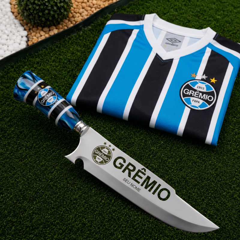 Faca Personalizada Grêmio com Cabo Premium Resinada + Gravação de Nome + Capa de Couro Exclusiva Brinde