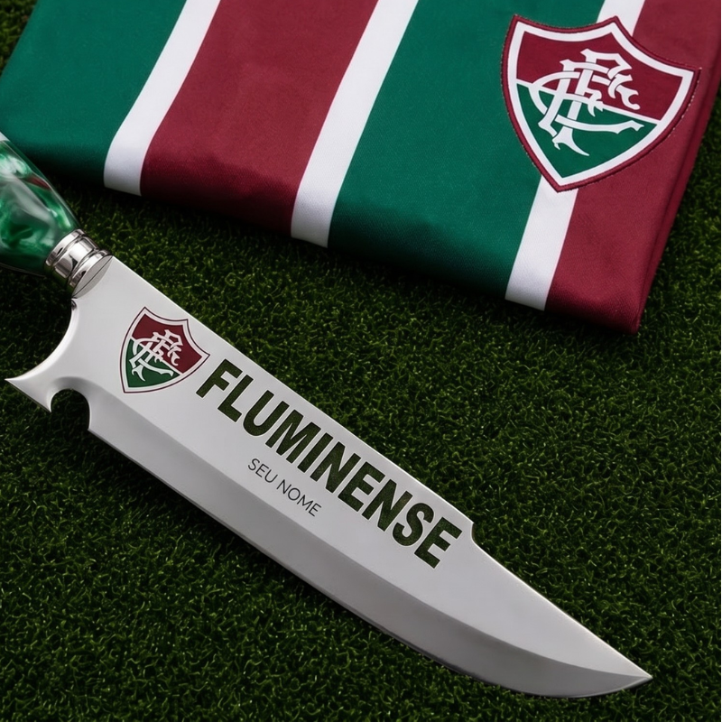 Faca Personalizada Fluminense com Cabo Premium Resinada + Gravação de Nome + Capa de Couro Exclusiva Brinde