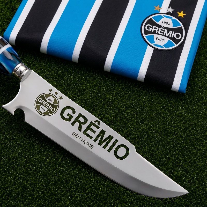 Faca Personalizada Grêmio com Cabo Premium Resinada + Gravação de Nome + Capa de Couro Exclusiva Brinde