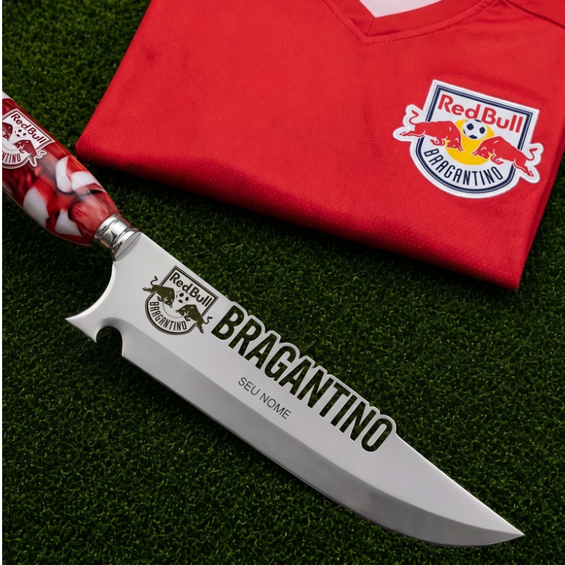 Faca Personalizada Red Bull Bragantino com Cabo Premium Resinada + Gravação de Nome + Capa de Couro Exclusiva Brinde