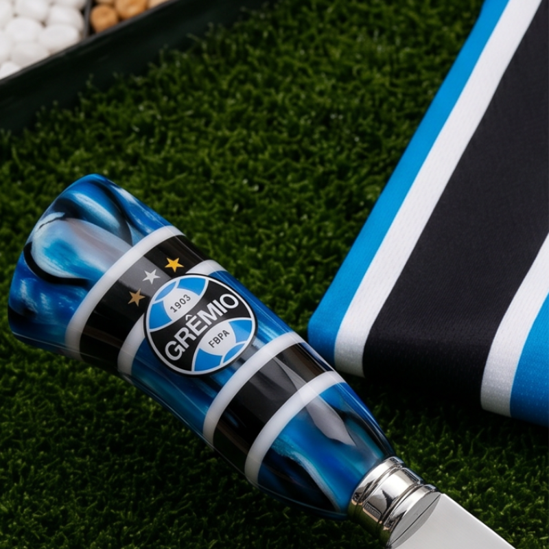 Faca Personalizada Grêmio com Cabo Premium Resinada + Gravação de Nome + Capa de Couro Exclusiva Brinde